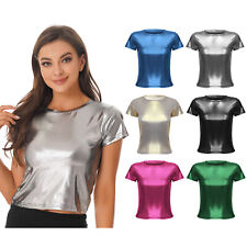 Women Holographic Metallic Tops Short Sleeve Shirt Party Disco Tee Shirt Blouse