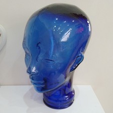 Vintage Cobalt Blue Glass Head Mannequin Hat Wig Stand Display 11" Tall