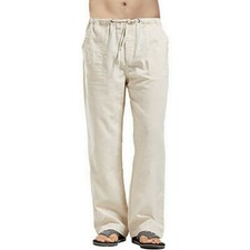 Summer Mens Casual Linen Baggy Pants Soft Cotton Trousers Elastic Waist Loose UK