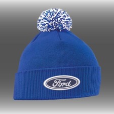 Pom Pom Beanie - Royal Blue/White - with Embroidered Ford Badge