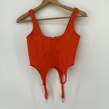 PrettyLittleThing Orange Ribbed Corset Top Zip Front Buckle Detail Size 8