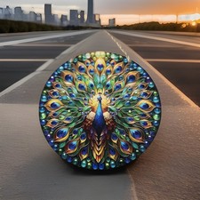 This is a decorative wall hanging featuring a colorful, stylized peacock design