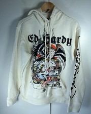 Ed Hardy Hoodie Mens Small Cream Eagle Skull Cobra Tattoo Graphic Print