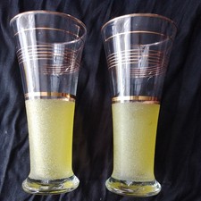 2 Retro Vintage Mid Century Yellow Sugar Frosted Highball Lager Water Glasses