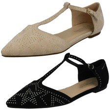 Ladies Savannah Flat T-Bar Buckle Strap Pointed *Shoes*
