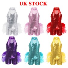 Girls Jazz Latin Shiny Sequin Sleeveless Mock Neck Ballet Leotard Dance Costumes