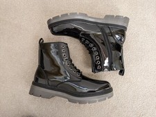 Brand New Shoezone Black Patent Ankle Boots Size 6 Zip Up Lace Detail