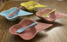 4  Vintage French Afibel Ceramic Ice Cream Cone Bowl & Spoon Pastel colours