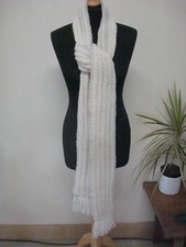 Long White Wool Scarf with Silver Trim and Fringe 86" Long x 5" wide