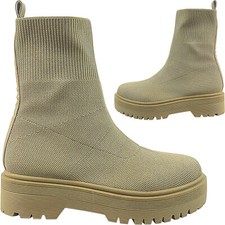WOMENS LADIES LOW BLOCK HEEL PLATFORM CHUNKY SOCK ANKLE BOOTS SHOES SIZE