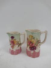 Pair of Antique Floral Relief Majolica Water Jugs Pitchers Victorian Collectible