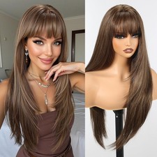 Women Cosplay Wig With Bangs Synthetic Hair Long Straight Mixed Brown