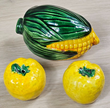 Vintage Ceramic Corn Cob Butter Dish With Ceramic Lemon Salt And Pepper Shakers