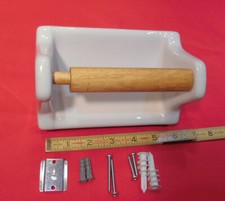 Glossy White: Clip-On-Wall Toilet Paper Holder + wood roller, Holds Jumbo Rolls