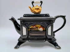 Vtg 1994 Swineside Pottery Aga Wood burning Stove Black Ceramic Teapot England 