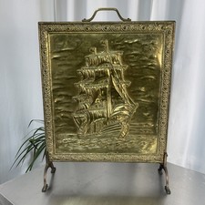Antique Brass Fire Screen Guard Fireplace Decoration Ship Galleon Hammered