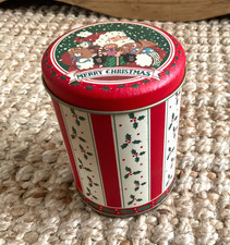 Vintage Style Merry Christmas Small Traditional Santa Holly Stripe Storage Tin