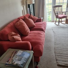 Matching 3 seater sofa, armchair and footstool -Orange velvet Heals attributed
