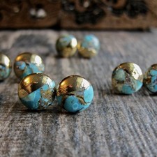Lovely Turquoise Stone with Gold Leaf  Round Stud Earrings 10mm