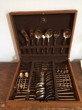 Vintage retro Bronze Cutlery Set for 6 with Wooden Canteen, 56 pieces