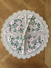 Heavily hand embroidered vintage floral tablecloth with crochet edge, pink/beige