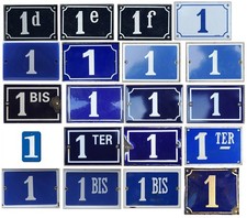 Old blue French house number 1 E F BIS TER door gate plate plaque enamel sign