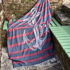 130cm x 170cm MARINE THROW ANCHOR ROPE NAVY BLUE RED STRIPE SOFA BLANKET TASSEL