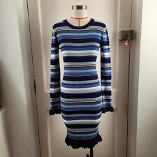 Michael Michael Kors Striped Ribbed Ruffle Trim Dress In Blue Mix Size Medium