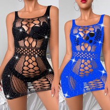 Sexy Womens Hollow Out Fishnet Bodycon Mini Dress See-through Nightwear Clubwear
