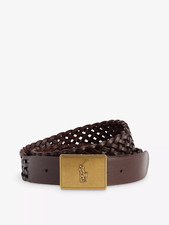 Polo Ralph Lauren Mens Brown Gold Pony Buckle Braided Leather Belt | Brown | 42