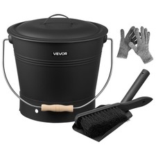 VEVOR Ash Bucket 4 PCS Lid Shovel Broom Gloves Metal Fireplace 9.8L Outdoor