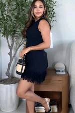 ZARA SS25 FRINGED CHECKERED KNIT DRESS S, NAVY BLUE | 4331/026/401 NWT