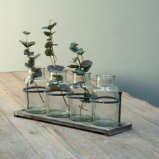 4 Clear Glass Bud Bottle Vases Wooden Rack Mini Small Vintage Table Display