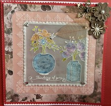 Thinking of you flower in vase fancy border greeting card, embossed parchment