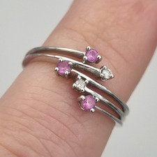 Hallmarked 9ct White Gold Pink Sapphire & Diamond Bypass Ring Size M
