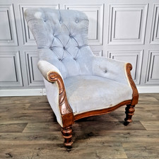 Antique Victorian Armchair – Deep Button Back – Carved Scroll Arms - Mahogany