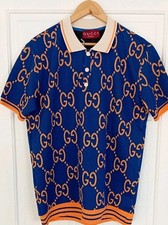 GUCCI GG Logo Cotton Knit Polo Shirt Blue And Orange Size L Never Been Worn 