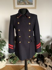 Zara Blue Wool Mix Military Style Coat Jacket Double Breasted Red Trim - Size M