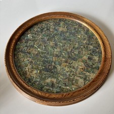 Vintage Round Mosiac Abalone Dresser Vanity Tray With Oak Frame.