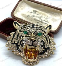 Art Deco Vintage Style Gold Black Crystal&Enamel Tiger Brooch/Pendant Shawl Pin