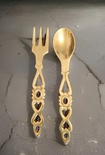 Vintage Brass Welsch Love Spoon and Fork 16cm Hearts Wales Wall Hanging Art