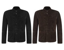 Mens Calf Suede Leather Jacket Stand Collar Button Up Casual Blazer Style Jacket