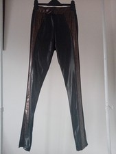 WOMENS STRETCH WET LOOK BLACK SHINY LEGGINGS ANIMAL PRINT DETAIL SIZE S