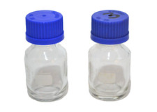 2 x Vintage 50 Mls SCHOTT DURAN Clear Glass Blue Screw Cap Chemistry Set Bottle