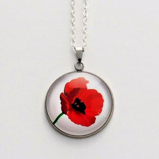 Single Red Poppy -White Background,  Glass Domed 18" Necklace with Silver Chain