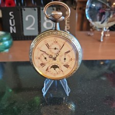 Antique Large Moon Phase Calendar Pocket Watch In Gunmetal and Gold?Working VGC