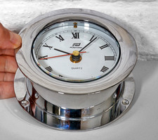 Plastimo Bulk Head Nautical Clock, Quartz. Chrome Surround. Good Working Order