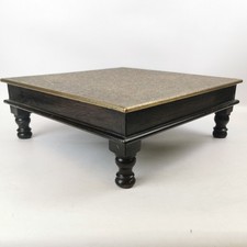 Vintage Wooden Pooja Bajot - Brass Inlaid Top 18" Plat Stand Plinth Base Low