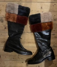 Russell & Bromley Knee-high Leather Zip Boots Black Fur Top Size 40 UK 6.5 Retro