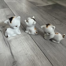 3 set Vintage Ceramic Porcelain White Kittens Calico Big Eyes "Excellent "